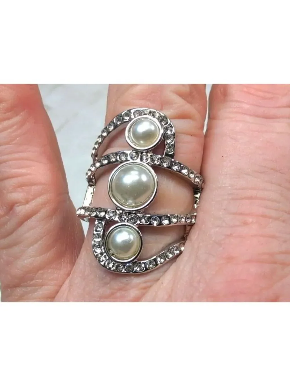 New Adjustable Silver Tone Faux Pearl Accent Stretch Ring Rhinestones Wedding
